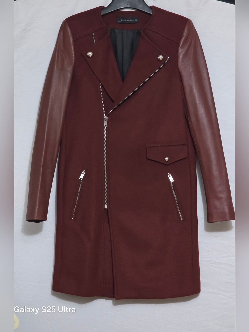 Zara Woman  Burgundy Wool & Lambskin Leather Sleeves Moto Coat (Size XS)